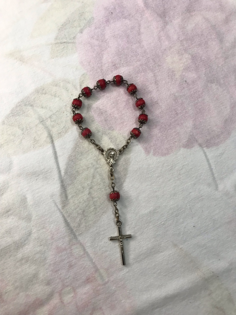 Silver Tone Chain Dark Cherry Red Beads Hand Rosary Bracelet 6”